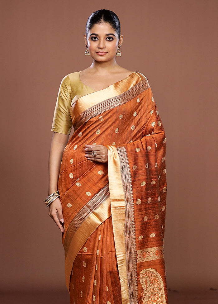Rust Handloom Matka Pure Silk Saree With Blouse Piece