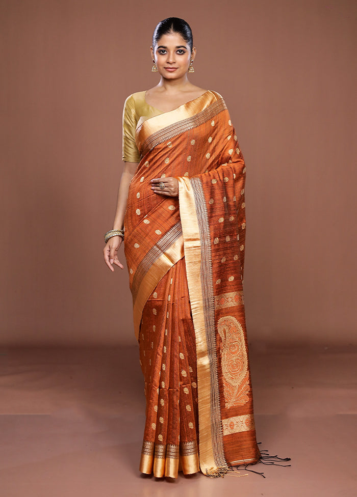 Rust Handloom Matka Pure Silk Saree With Blouse Piece