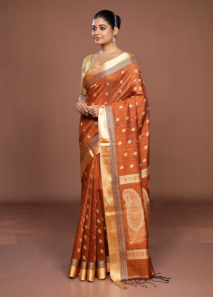 Rust Handloom Matka Pure Silk Saree With Blouse Piece