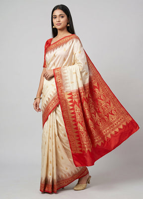 Cream Handloom Kanjivaram Pure Silk Saree With Blouse Piece
