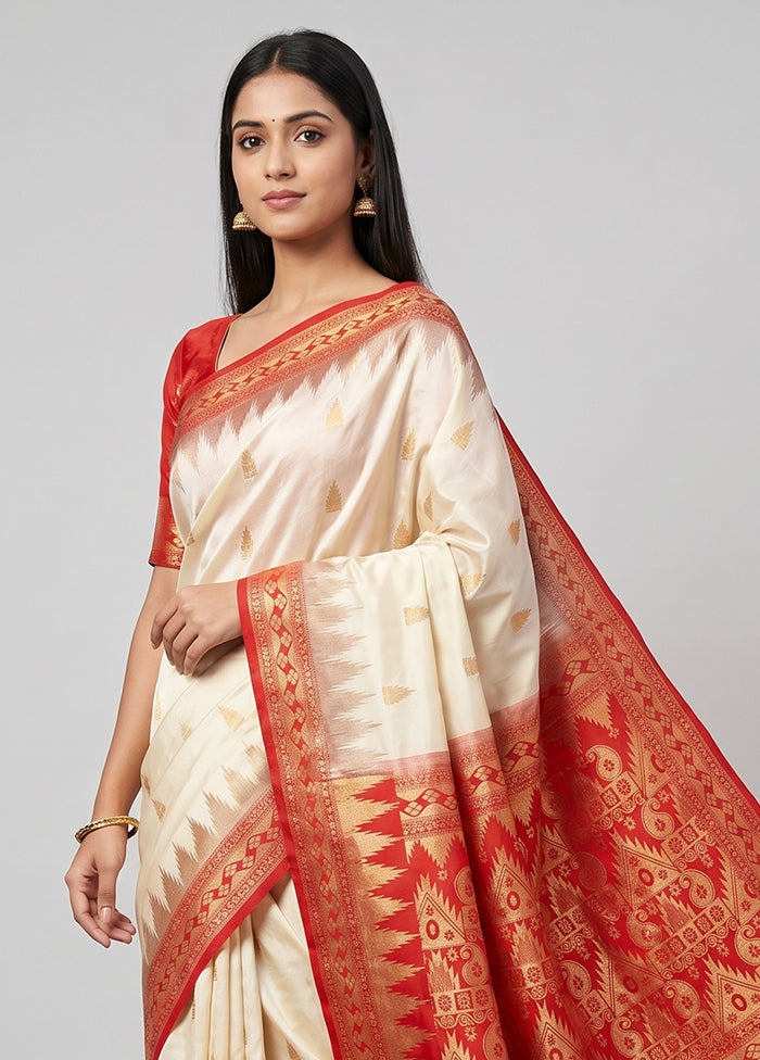 Cream Handloom Kanjivaram Pure Silk Saree With Blouse Piece