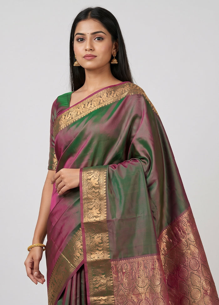 Purple Handloom Kanjivaram Pure Silk Saree With Blouse Piece