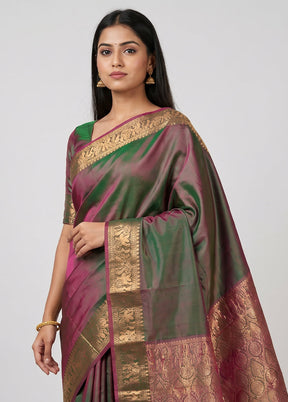Purple Handloom Kanjivaram Pure Silk Saree With Blouse Piece