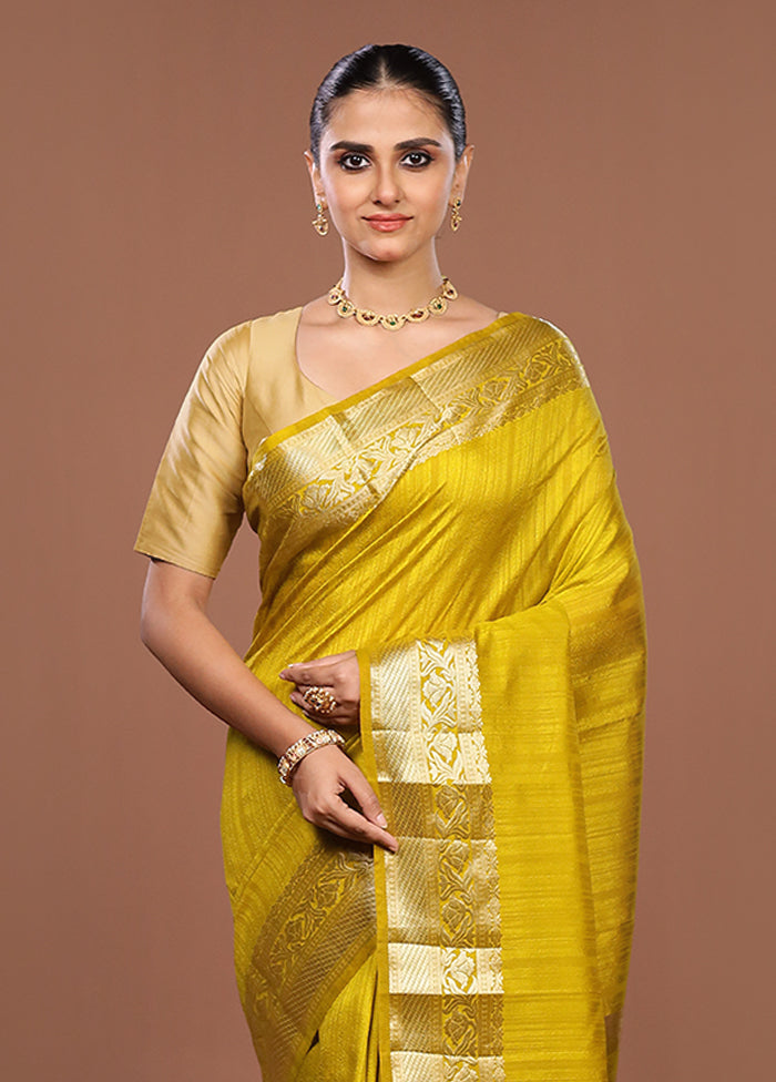 Yellow Dupion Silk Saree With Blouse Piece