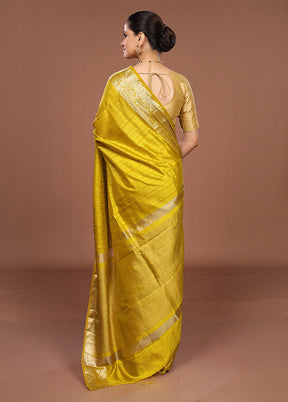 Yellow Dupion Silk Saree With Blouse Piece