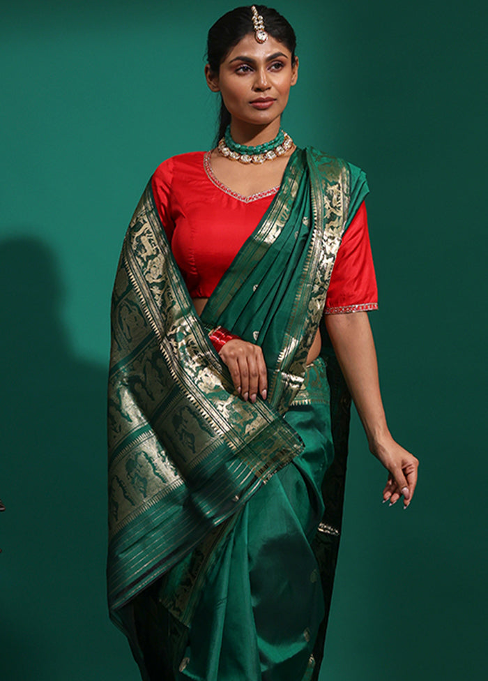Green Handloom Baluchari Pure Silk Saree With Blouse Piece