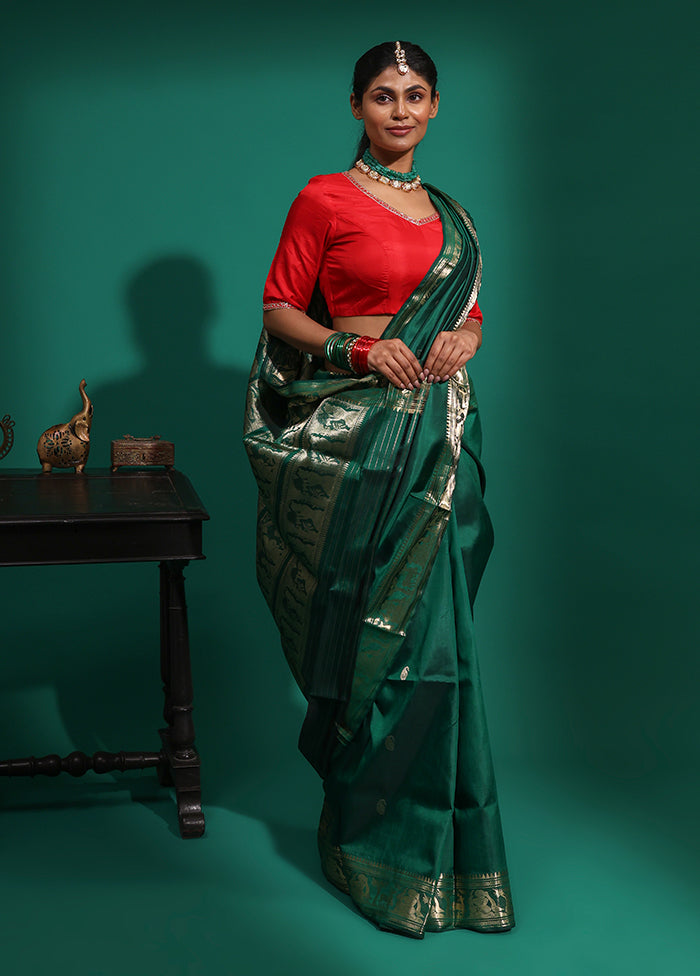 Green Handloom Baluchari Pure Silk Saree With Blouse Piece
