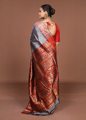 Grey Handloom Swarnachuri Pure Silk Saree With Blouse Piece