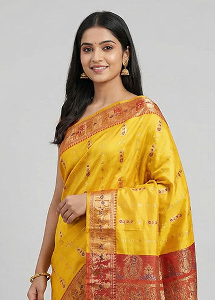 Yellow Handloom Baluchari Pure Silk Saree With Blouse Piece
