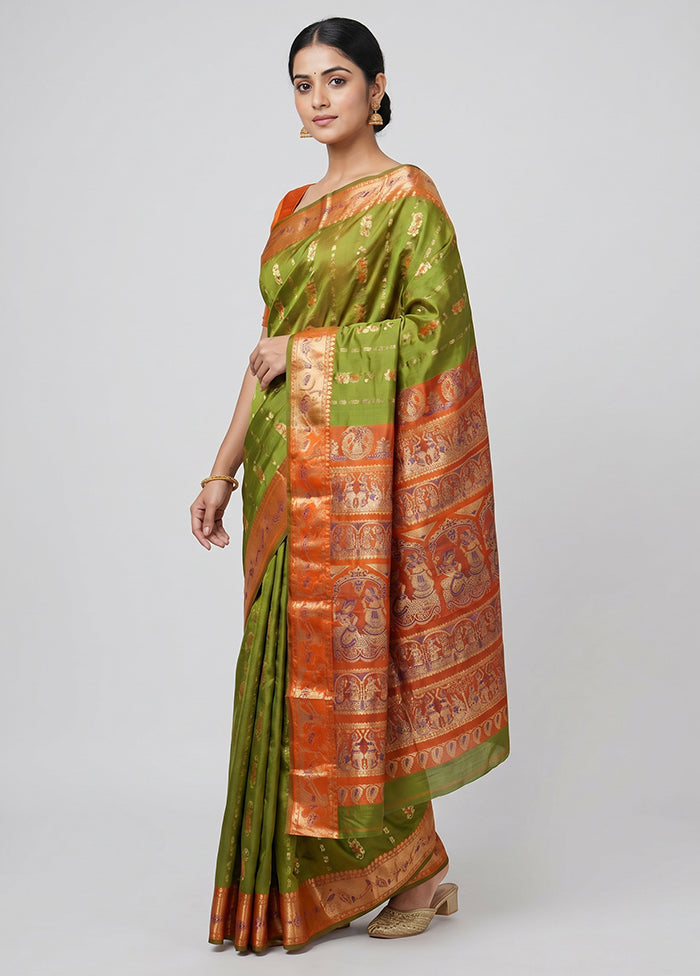 Green Handloom Baluchari Pure Silk Saree With Blouse Piece