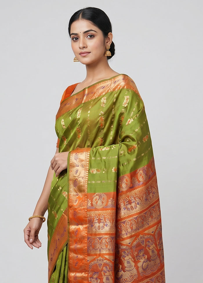 Green Handloom Baluchari Pure Silk Saree With Blouse Piece