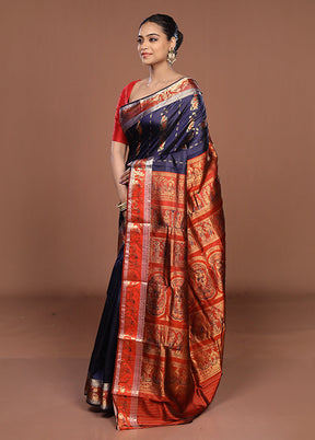 Blue Handloom Baluchari Pure Silk Saree With Blouse Piece