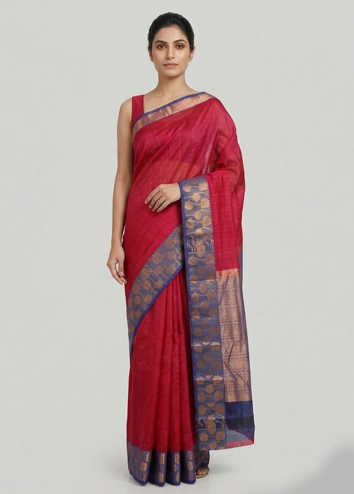 Pink Handloom Kanjivaram Pure Silk Saree With Blouse Piece