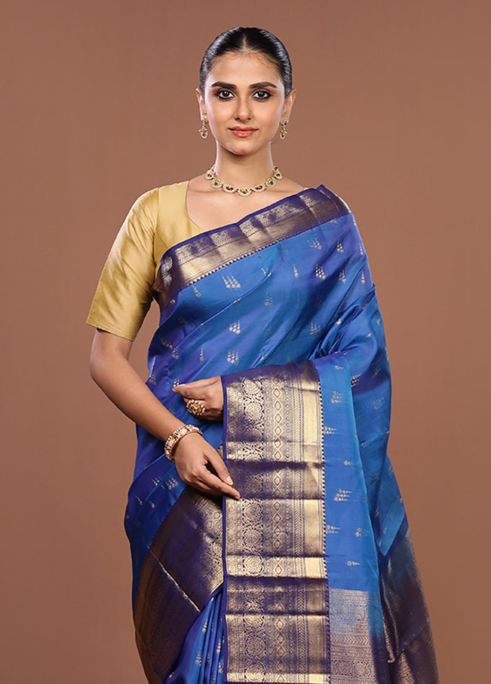 Blue Handloom Kanjivaram Pure Silk Saree With Blouse Piece
