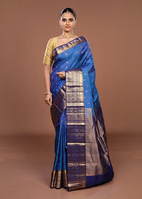 Blue Handloom Kanjivaram Pure Silk Saree With Blouse Piece