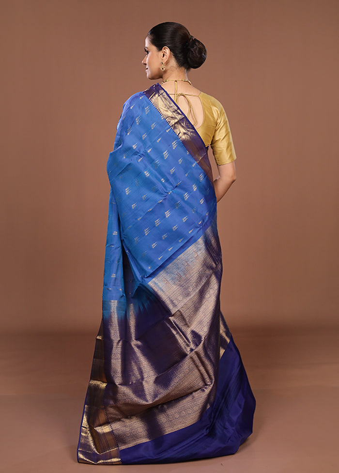 Blue Handloom Kanjivaram Pure Silk Saree With Blouse Piece