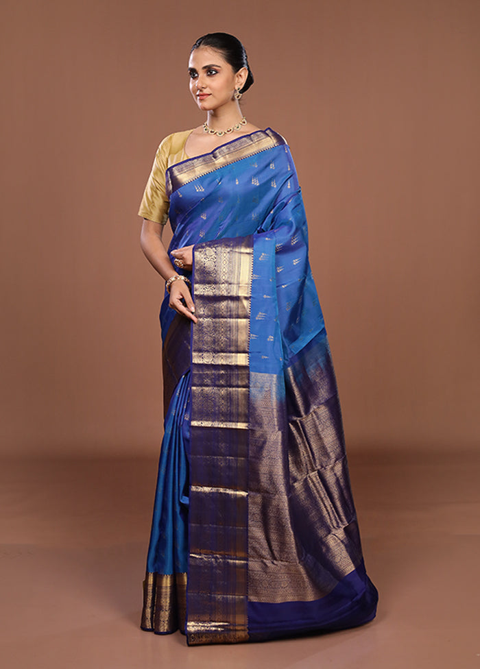 Blue Handloom Kanjivaram Pure Silk Saree With Blouse Piece