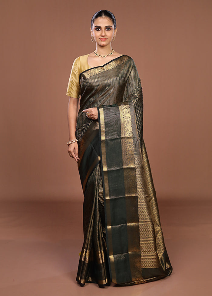 Black Handloom Kanjivaram Pure Silk Saree With Blouse Piece