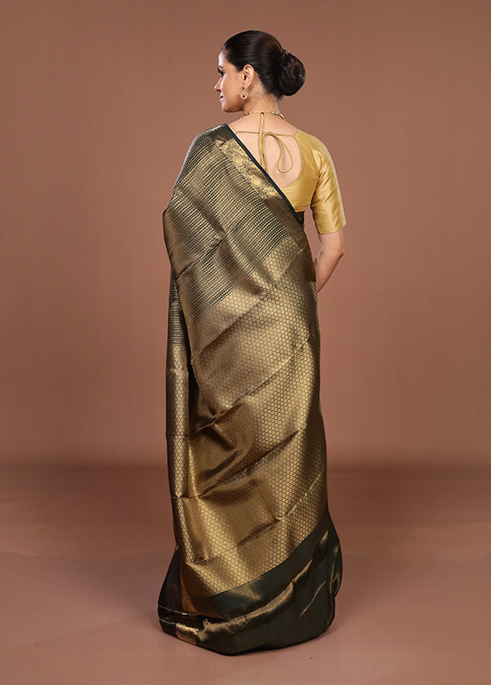 Black Handloom Kanjivaram Pure Silk Saree With Blouse Piece