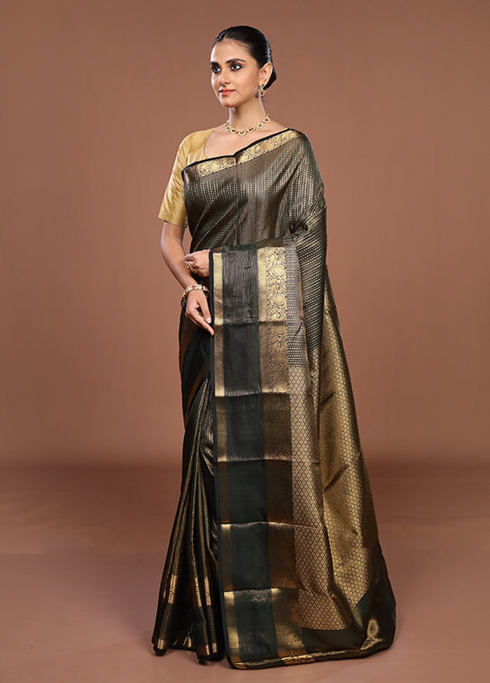 Black Handloom Kanjivaram Pure Silk Saree With Blouse Piece