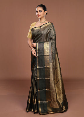 Black Handloom Kanjivaram Pure Silk Saree With Blouse Piece