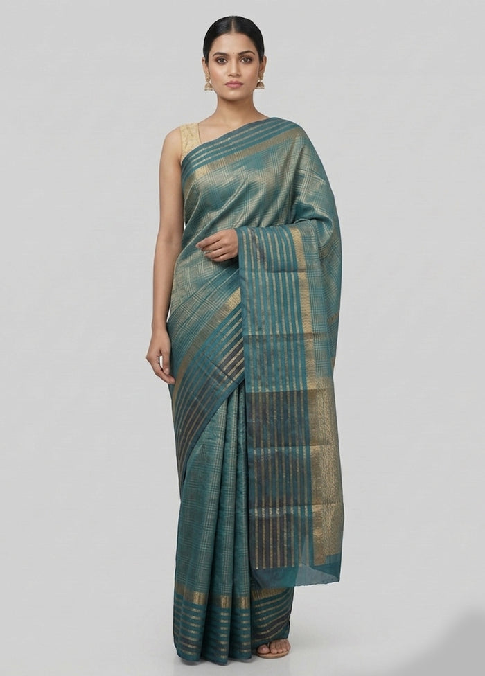 Blue Handloom Kanjivaram Pure Silk Saree With Blouse Piece
