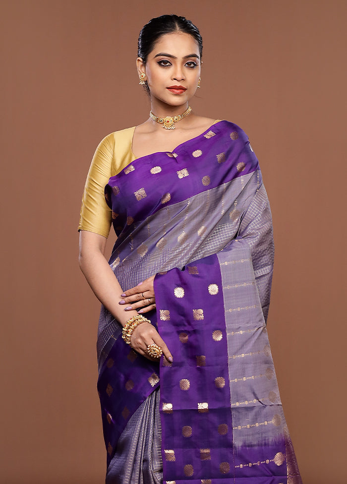 Purple Handloom Kanjivaram Pure Silk Saree With Blouse Piece