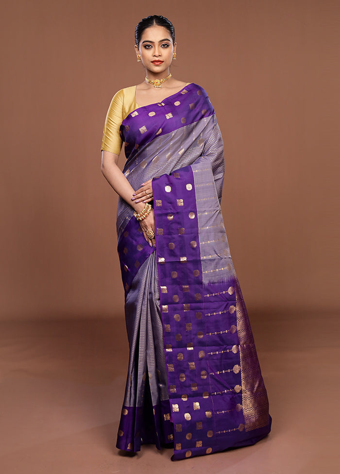 Purple Handloom Kanjivaram Pure Silk Saree With Blouse Piece