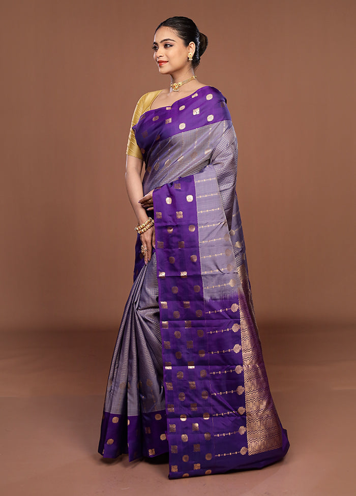 Purple Handloom Kanjivaram Pure Silk Saree With Blouse Piece
