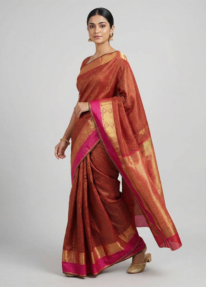 Maroon Handloom Kanjivaram Pure Silk Saree With Blouse Piece