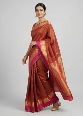 Maroon Handloom Kanjivaram Pure Silk Saree With Blouse Piece