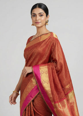 Maroon Handloom Kanjivaram Pure Silk Saree With Blouse Piece
