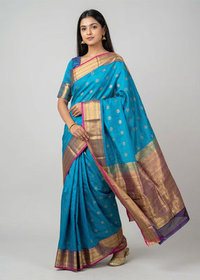 Blue Handloom Kanchipuram Pure Silk Saree With Blouse Piece