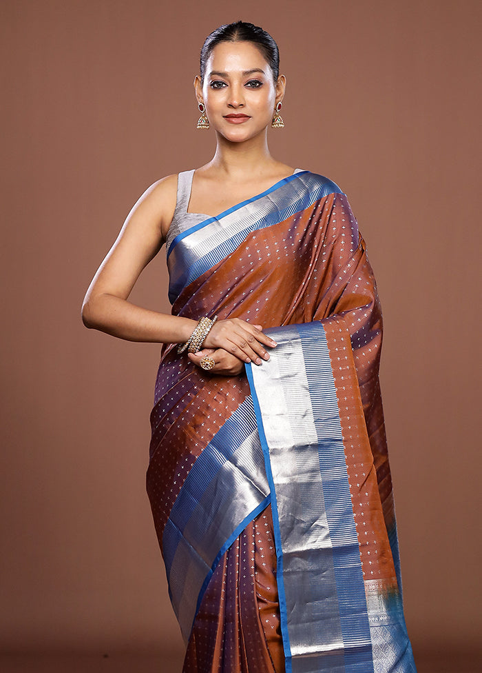 Rust Handloom Kanjivaram Pure Silk Saree With Blouse Piece
