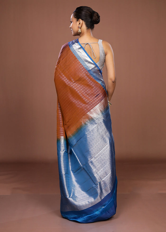 Rust Handloom Kanjivaram Pure Silk Saree With Blouse Piece