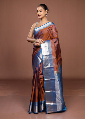 Rust Handloom Kanjivaram Pure Silk Saree With Blouse Piece