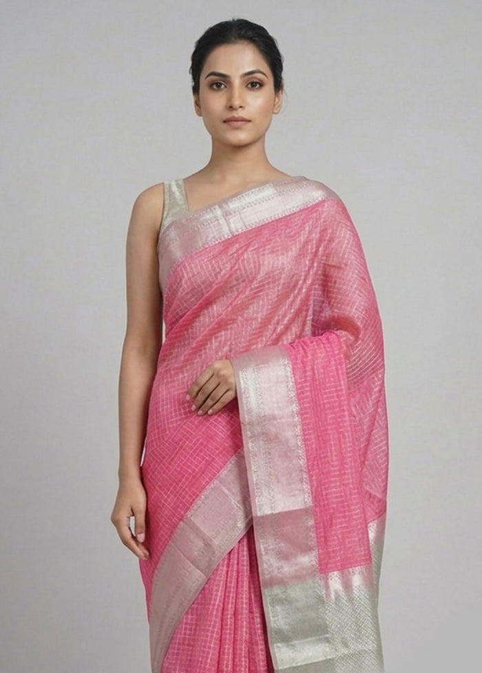 Pink Handloom Kanjivaram Pure Silk Saree With Blouse Piece