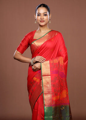 Red Dupion Silk Saree With Blouse Piece