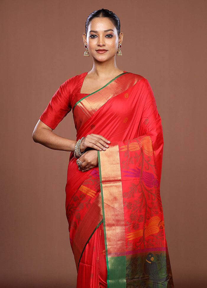 Red Dupion Silk Saree With Blouse Piece