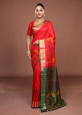 Red Dupion Silk Saree With Blouse Piece