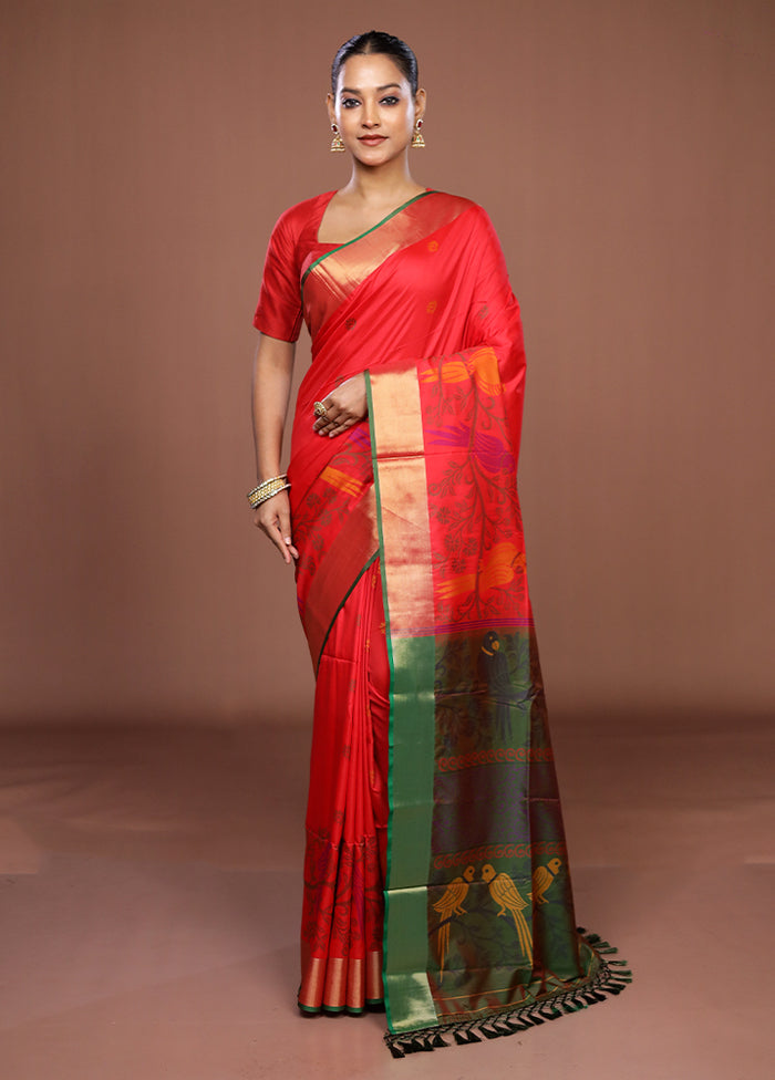 Red Dupion Silk Saree With Blouse Piece