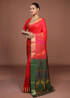 Red Dupion Silk Saree With Blouse Piece