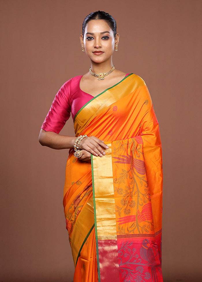 Orange Dupion Silk Saree With Blouse Piece