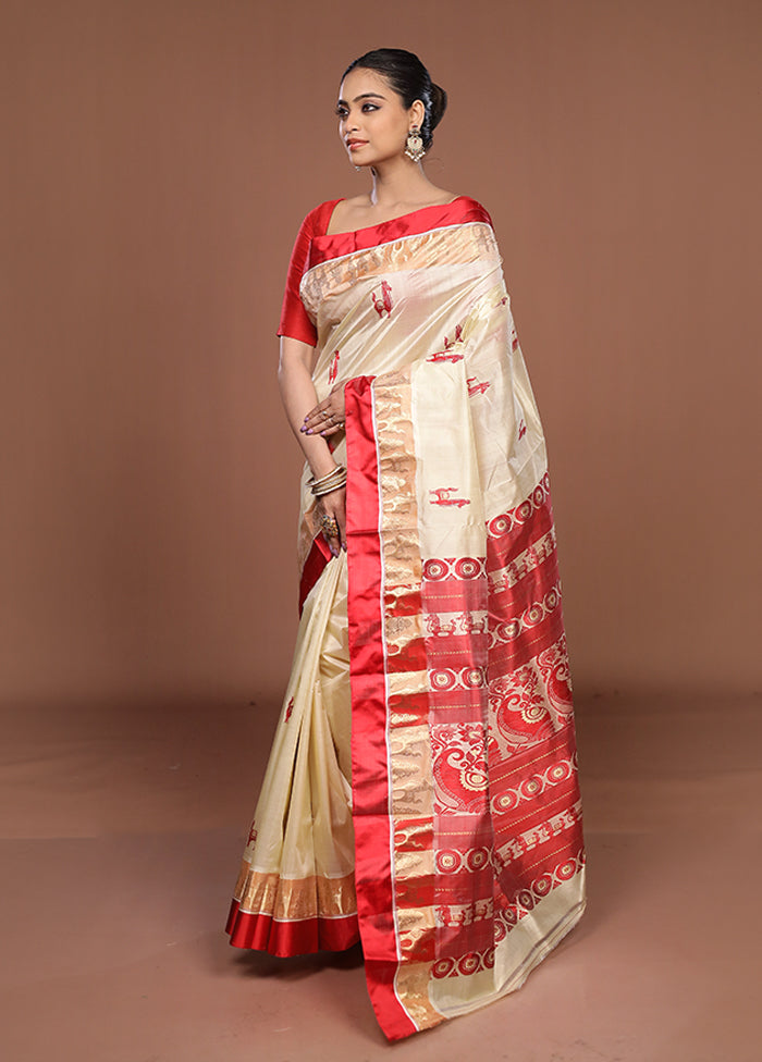 White Garad Pure Silk Saree Without Blouse Piece