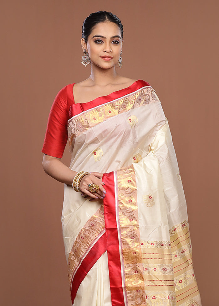 White Garad Pure Silk Saree Without Blouse Piece