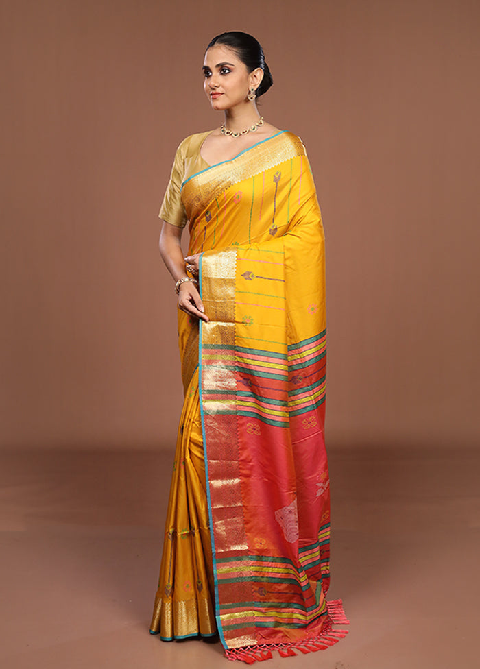Yellow Dupion Silk Saree With Blouse Piece
