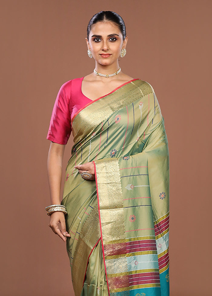 Green Dupion Silk Saree With Blouse Piece