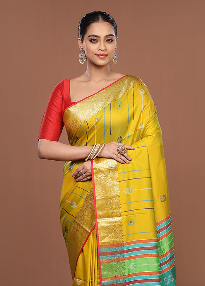 Yellow Dupion Silk Saree With Blouse Piece
