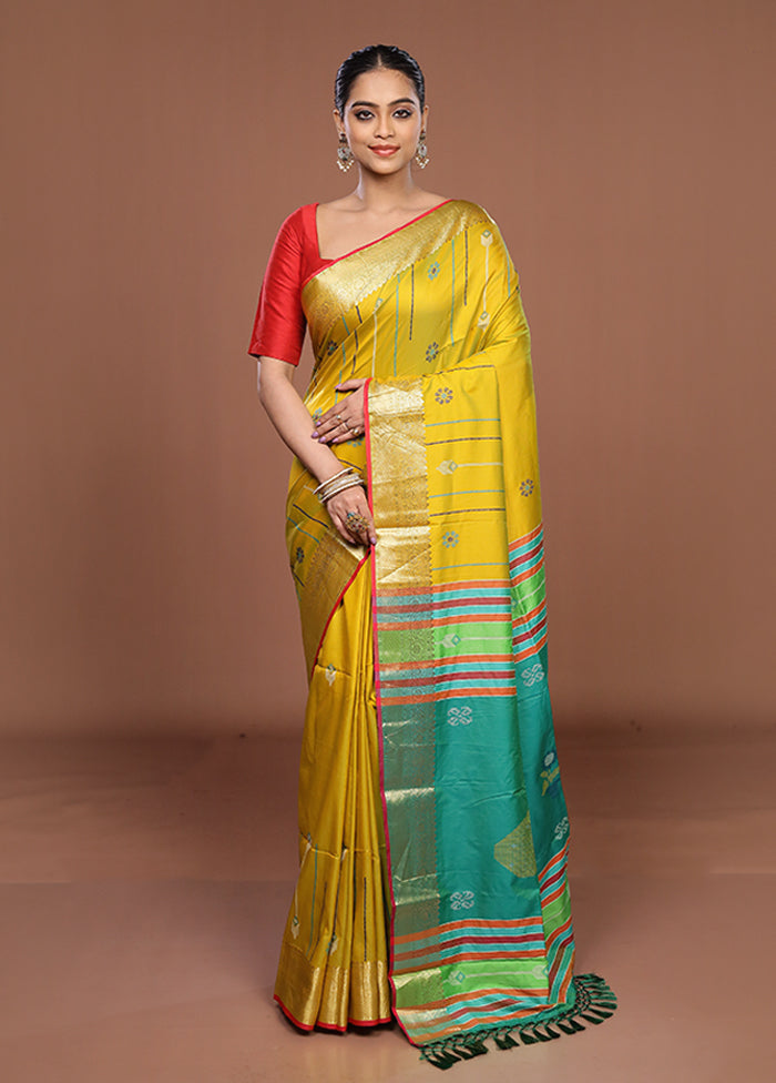 Yellow Dupion Silk Saree With Blouse Piece