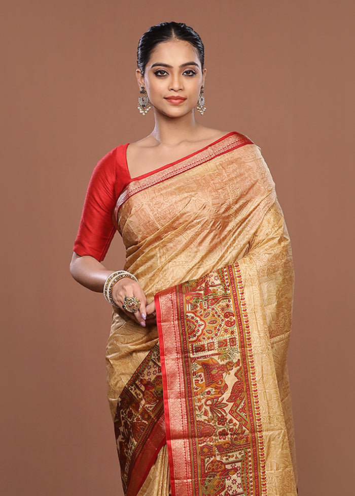 Cream Printed Pure Silk Saree Without Blouse Piece